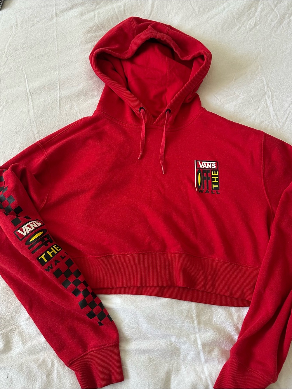 Vans Red Cropped Hoodie with Checker Sleeve Graphics